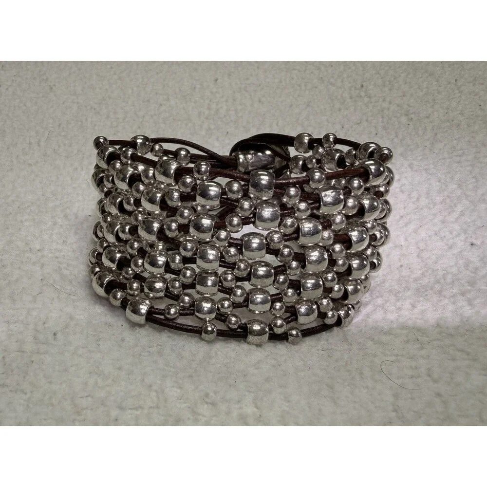 Boho Artisan Multi Strand Silver Plated Beaded Leather Cuff Bracelet Large 7.5